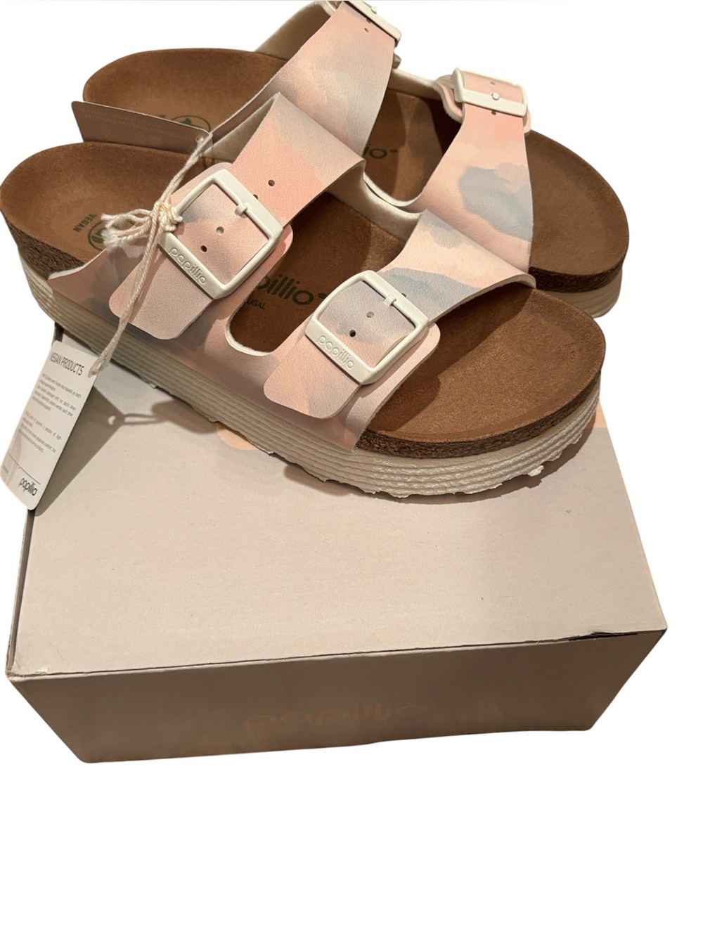 Papillio by Birkenstock Arizona Pink blue Buckle Platform Sandal 36 watercolor